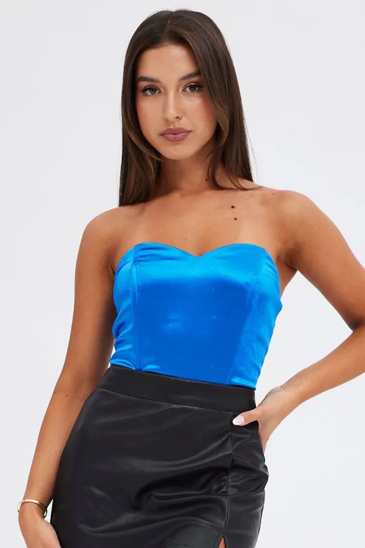Blue Bodysuit Sleeveless Sweetheart Satin Stretch sold by Ally Fashion