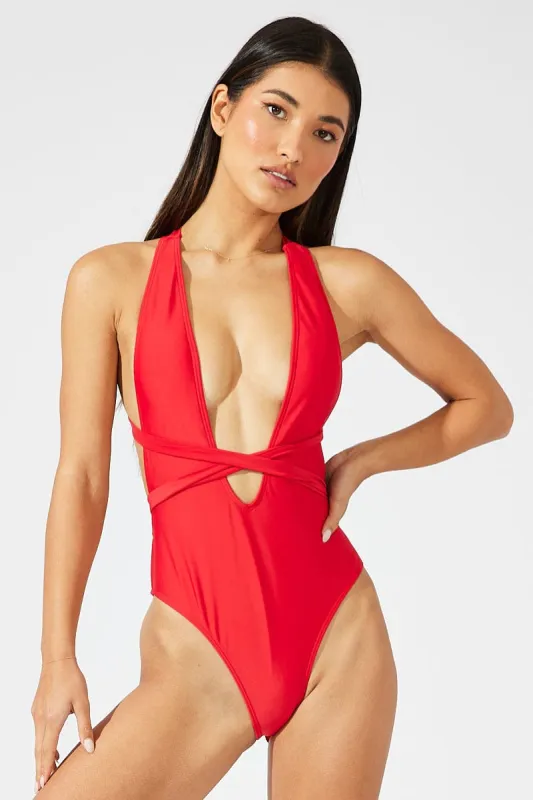 Red Animal Print Wrap Around One Piece Swimsuit made by Ally Fashion