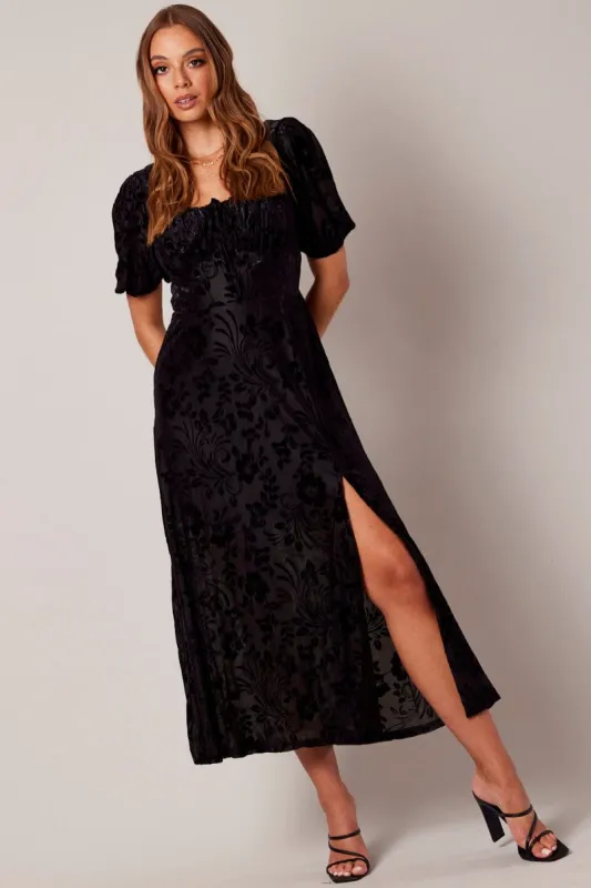 Black Midi Dress Short Sleeve Side Split sold by Ally Fashion