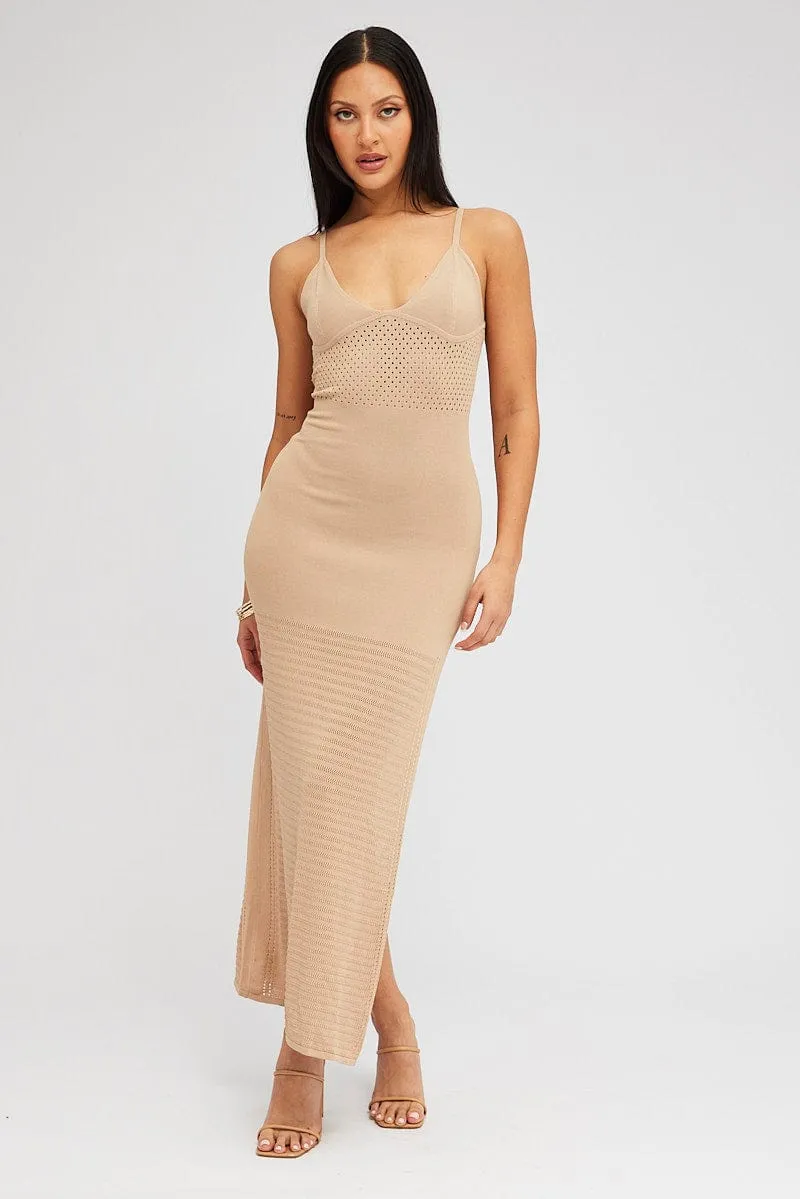 Beige Knit Dress Sleeveless V Neck Midi Mixed Crochet sold by Ally Fashion product image thumbnail 3