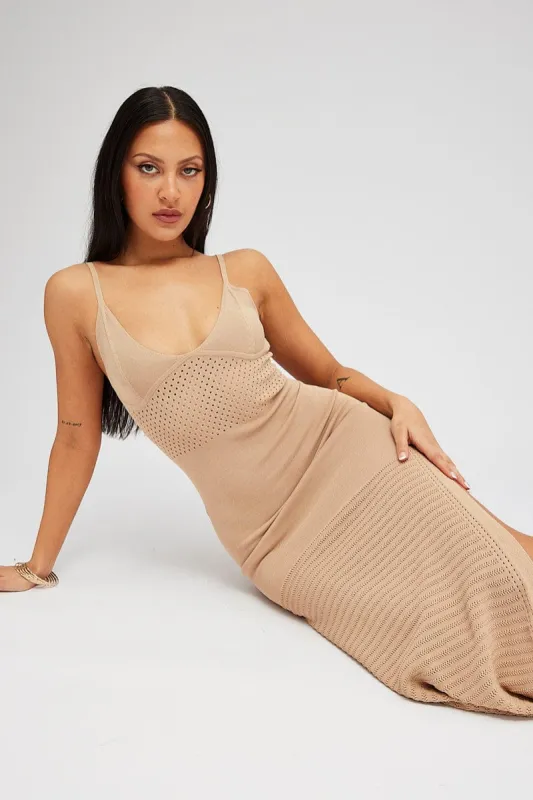 Beige Knit Dress Sleeveless V Neck Midi Mixed Crochet sold by Ally Fashion
