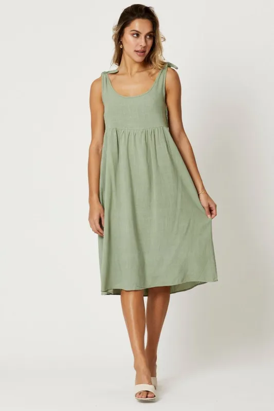 Green Tiered Dress Sleeveless Midi Linen sold by Ally Fashion