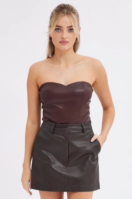 Brown Bodysuit Sleeveless Sweetheart Faux Leather sold by Ally Fashion