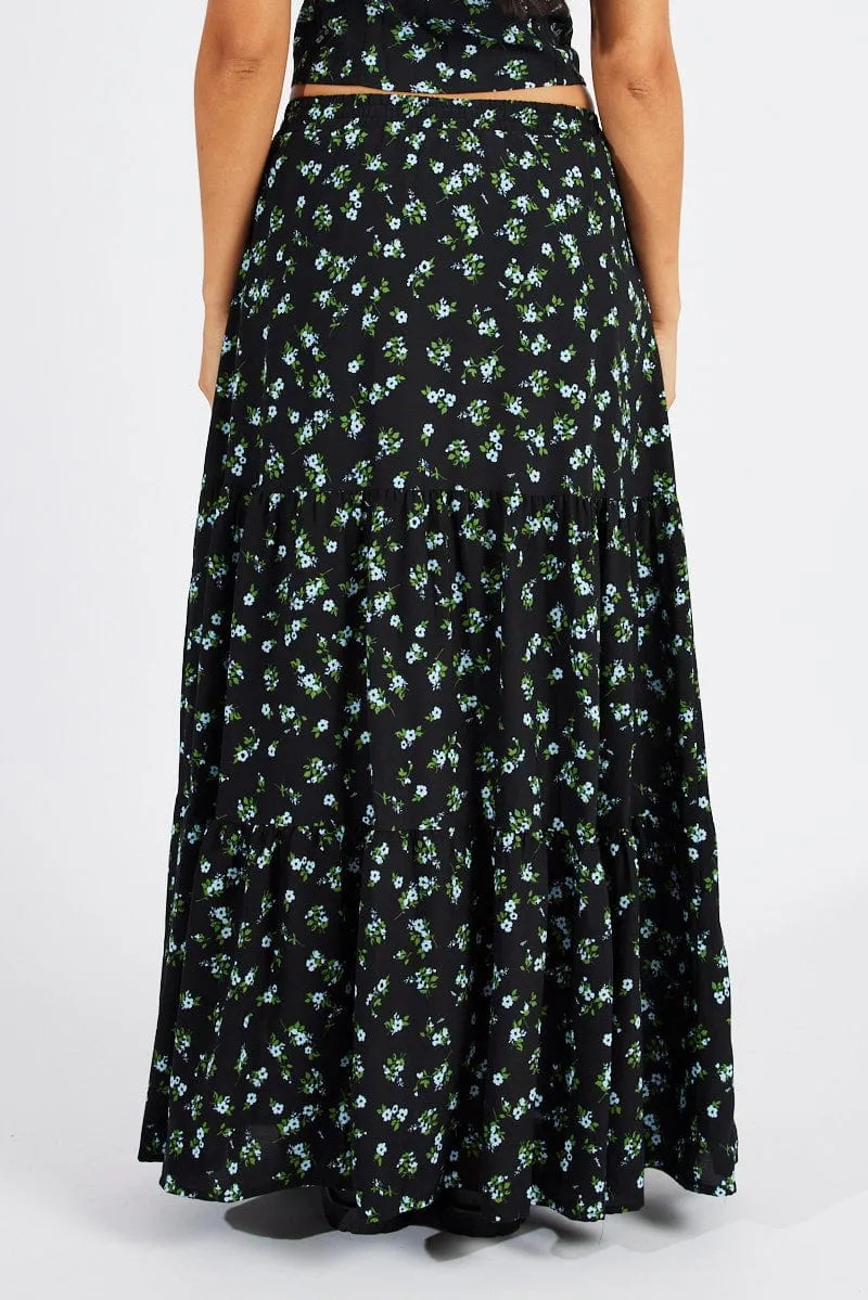 Black Floral Maxi Skirt High Rise Tiered Elastic Waist sold by Ally Fashion product image thumbnail 4