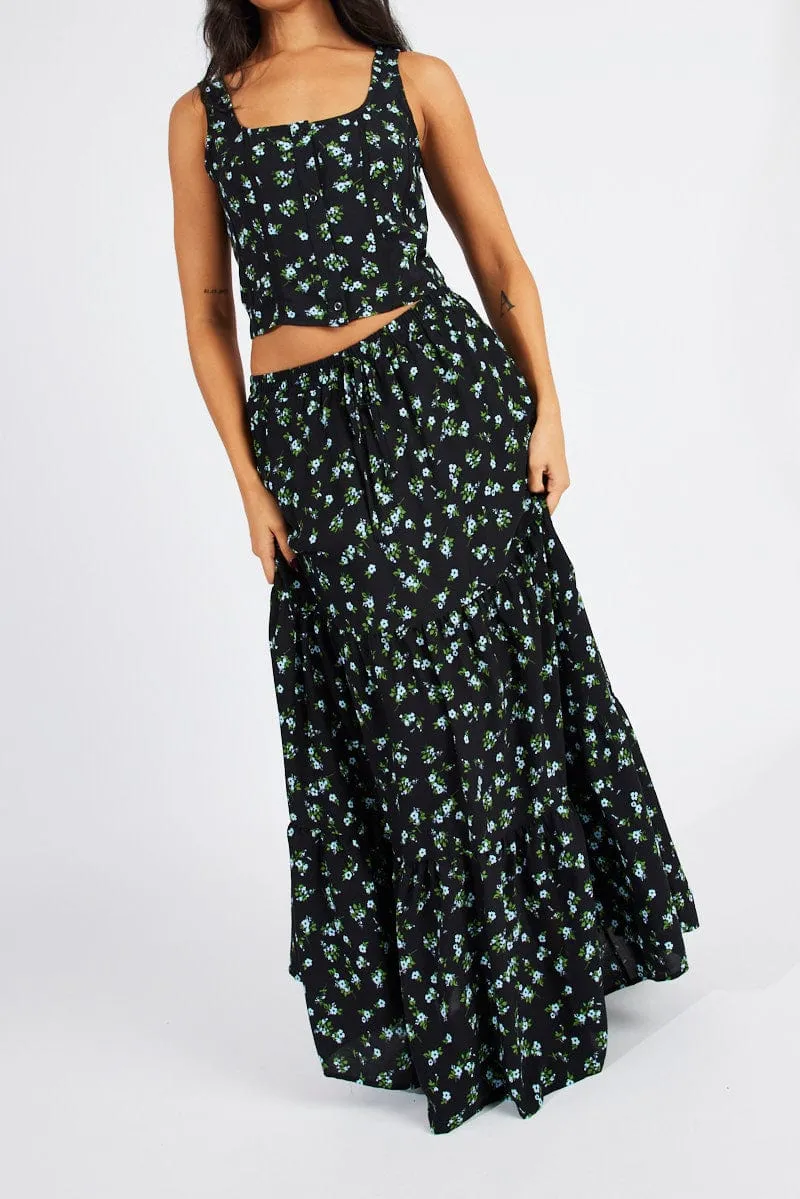 Black Floral Maxi Skirt High Rise Tiered Elastic Waist sold by Ally Fashion product image thumbnail 2
