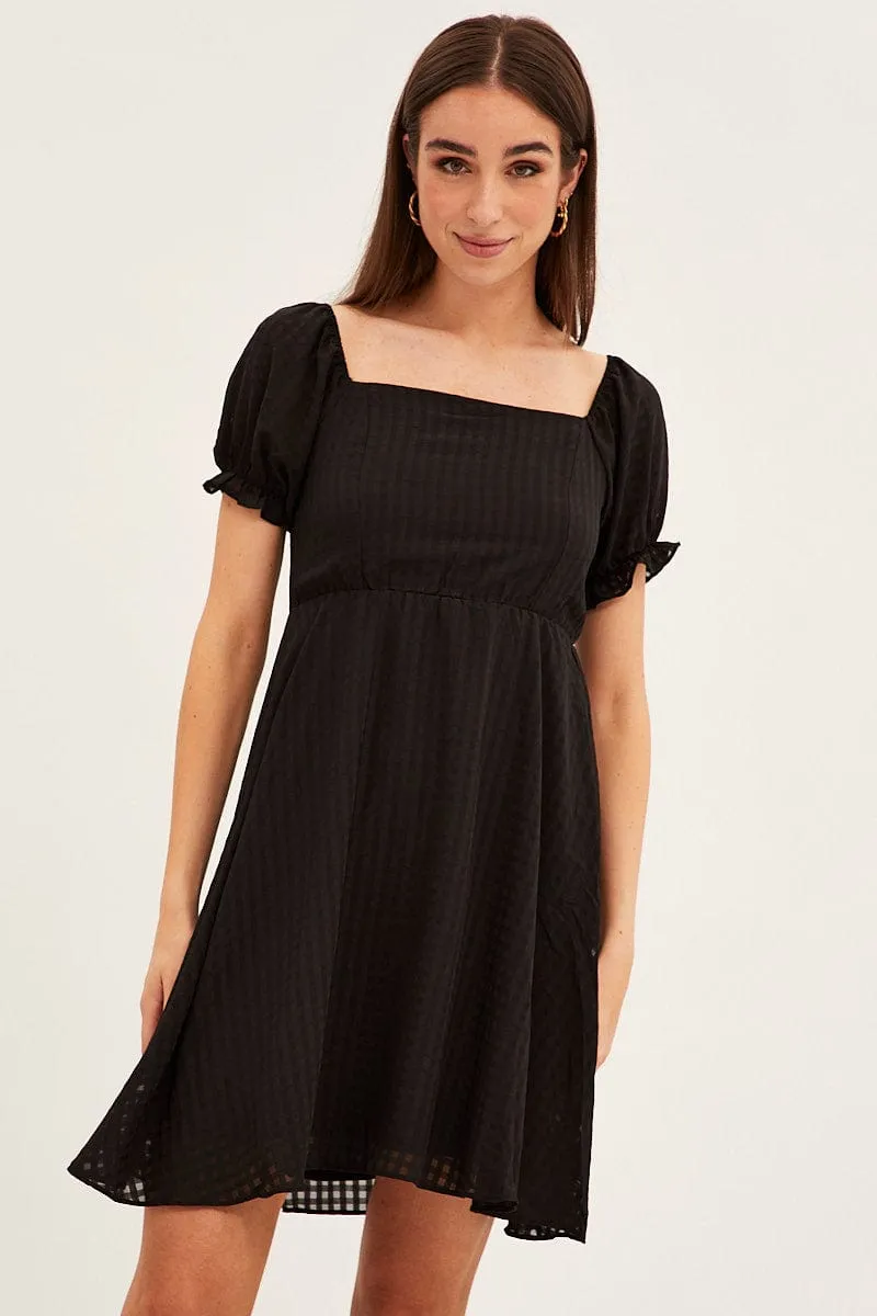 Black Square Neck Puff Sleeve Skater Dress sold by Ally Fashion