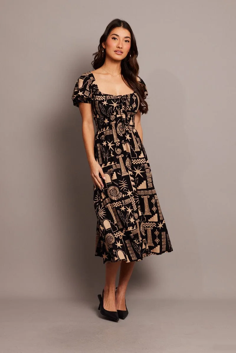 Black Abstract Midi Dress Short Sleeve Ruched Bust sold by Ally Fashion product image thumbnail 3