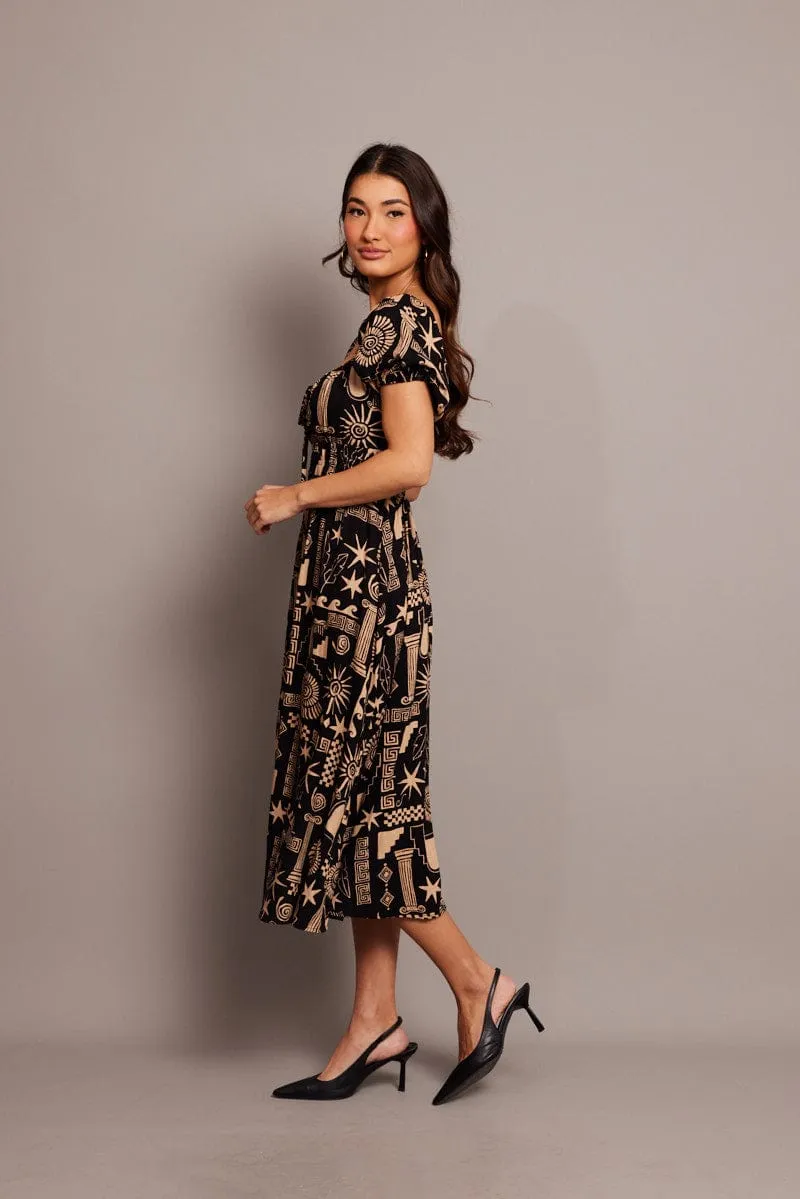 Black Abstract Midi Dress Short Sleeve Ruched Bust sold by Ally Fashion product image thumbnail 4