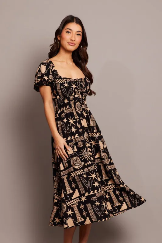 Black Abstract Midi Dress Short Sleeve Ruched Bust sold by Ally Fashion