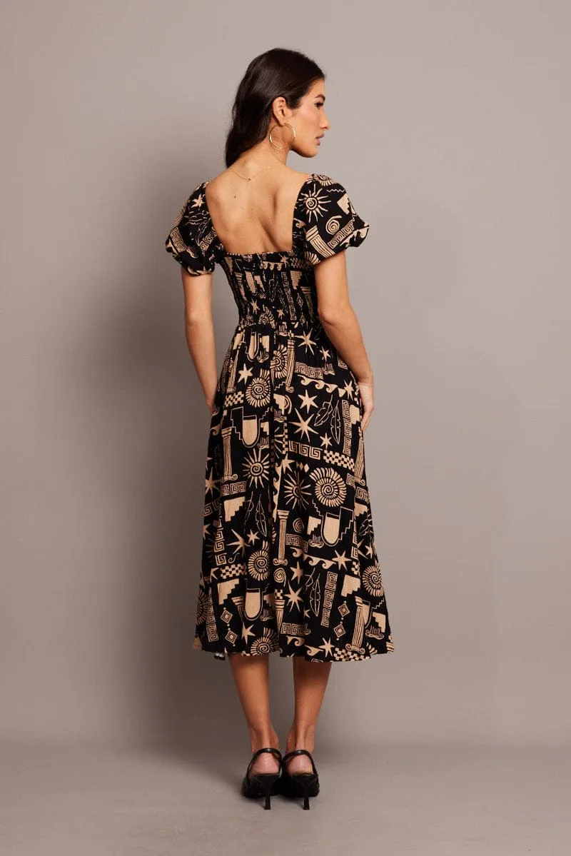 Black Abstract Midi Dress Short Sleeve Ruched Bust sold by Ally Fashion product image thumbnail 5