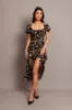 Black Abstract Midi Dress Short Sleeve Ruched Bust sold by Ally Fashion