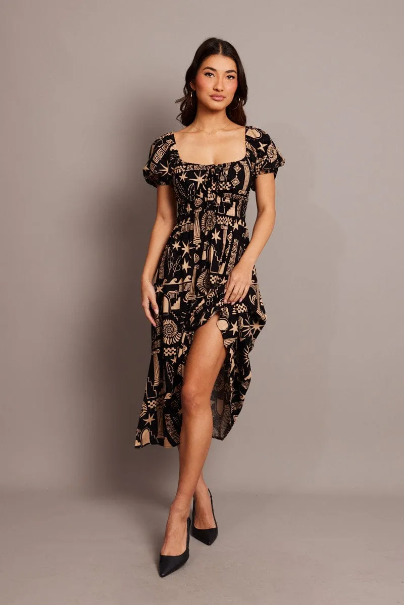 Black Abstract Midi Dress Short Sleeve Ruched Bust sold by Ally Fashion product image thumbnail 2