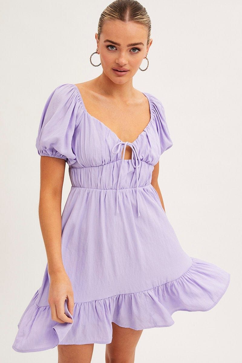 Purple Fit And Flare Dress Short Sleeve Ruched Mini Dress sold by Ally Fashion