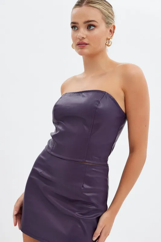 Purple Faux Leather Corset Sleeveless Strapless Bandeau sold by Ally Fashion