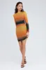 Brown Abstract Mini Dress Long Sleeve Crew Neck Ruched Waist Mesh sold by Ally Fashion
