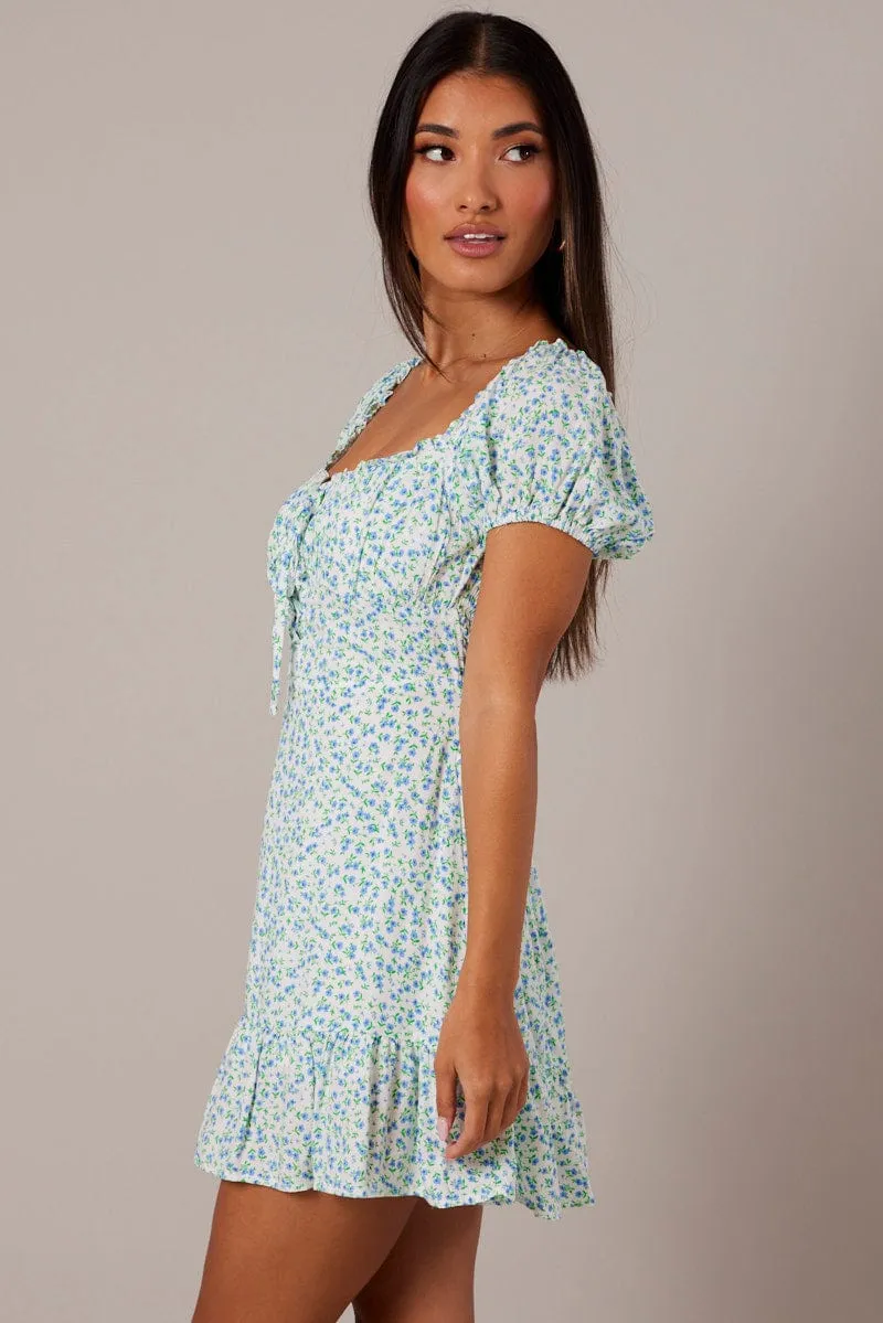 White Ditsy Fit and Flare Dress Short Sleeve Lace Up Front sold by Ally Fashion product image thumbnail 4