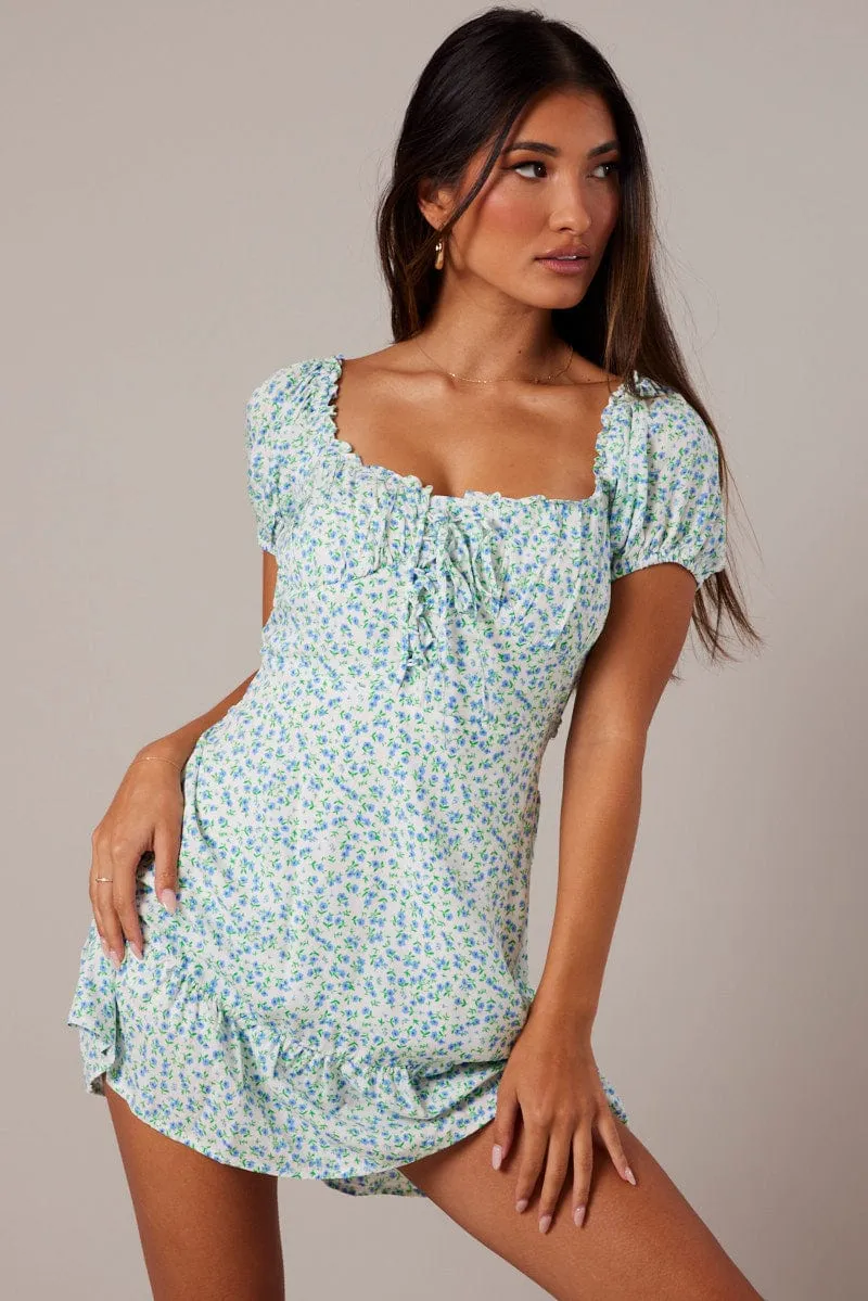 White Ditsy Fit and Flare Dress Short Sleeve Lace Up Front sold by Ally Fashion