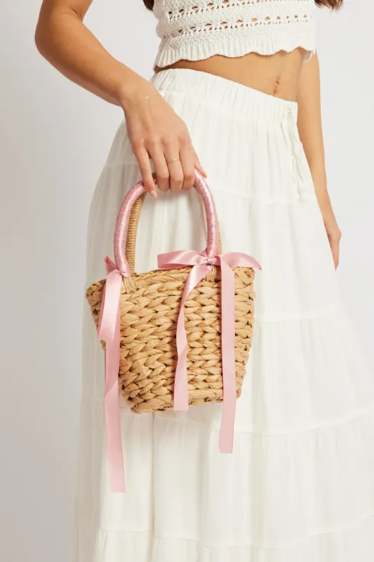 Pink Straw Basket Shoulder Bag with Bows sold by Ally Fashion