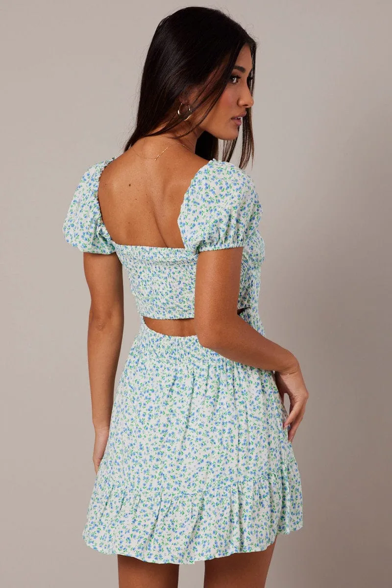 White Ditsy Fit and Flare Dress Short Sleeve Lace Up Front sold by Ally Fashion product image thumbnail 5