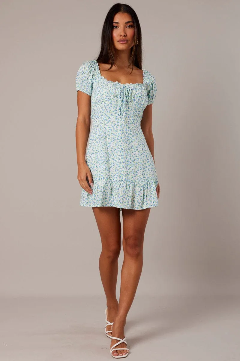 White Ditsy Fit and Flare Dress Short Sleeve Lace Up Front sold by Ally Fashion product image thumbnail 2