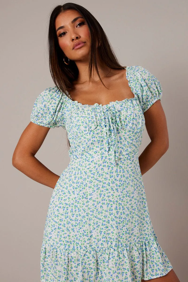 White Ditsy Fit and Flare Dress Short Sleeve Lace Up Front sold by Ally Fashion product image thumbnail 3
