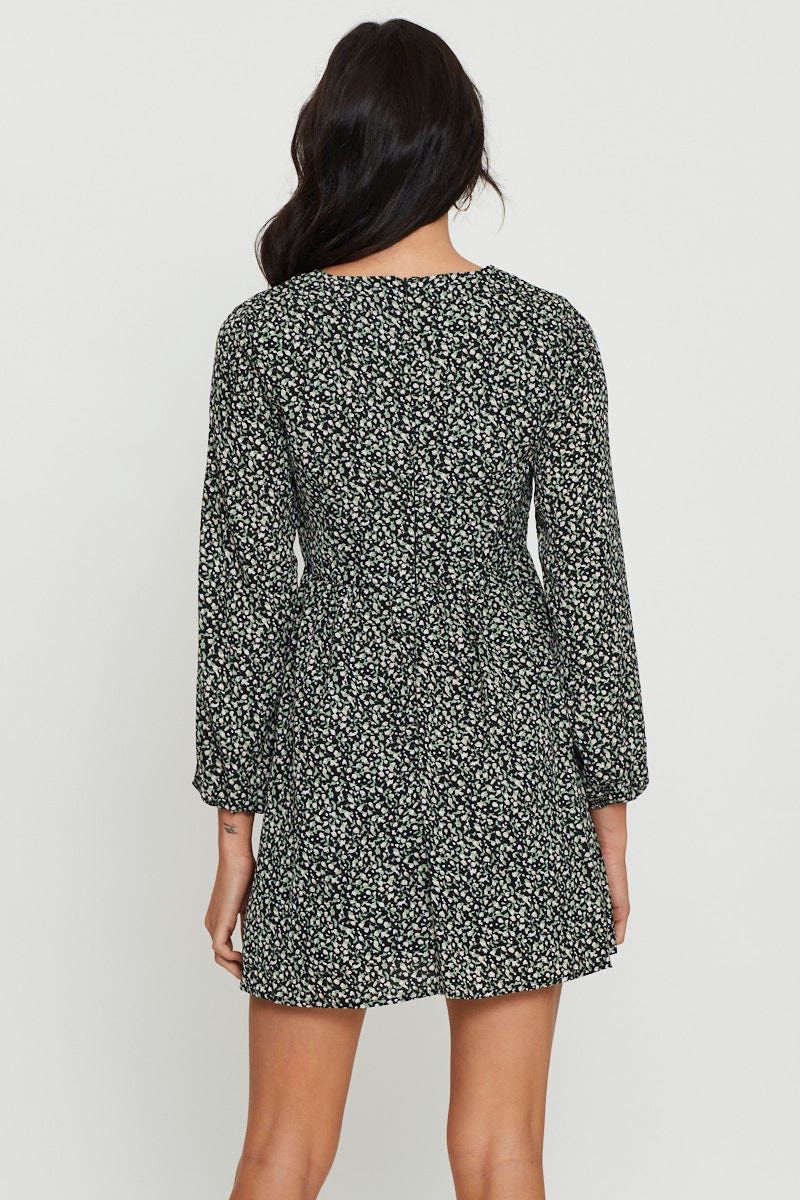 Print Mini Dress Long Sleeve V Neck sold by Ally Fashion product image thumbnail 4