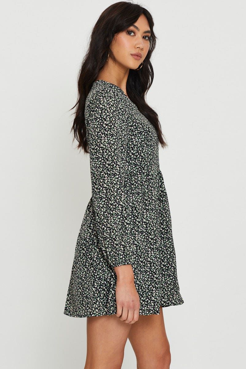 Print Mini Dress Long Sleeve V Neck sold by Ally Fashion product image thumbnail 3