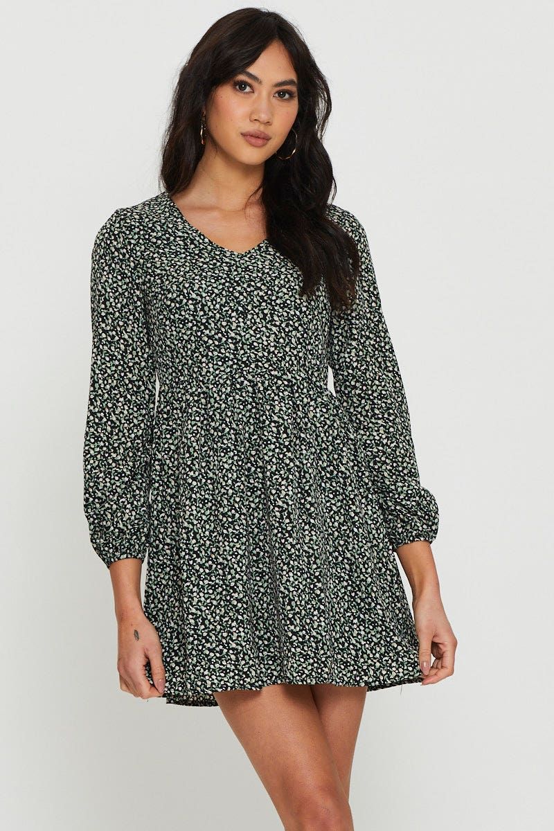 Print Mini Dress Long Sleeve V Neck sold by Ally Fashion