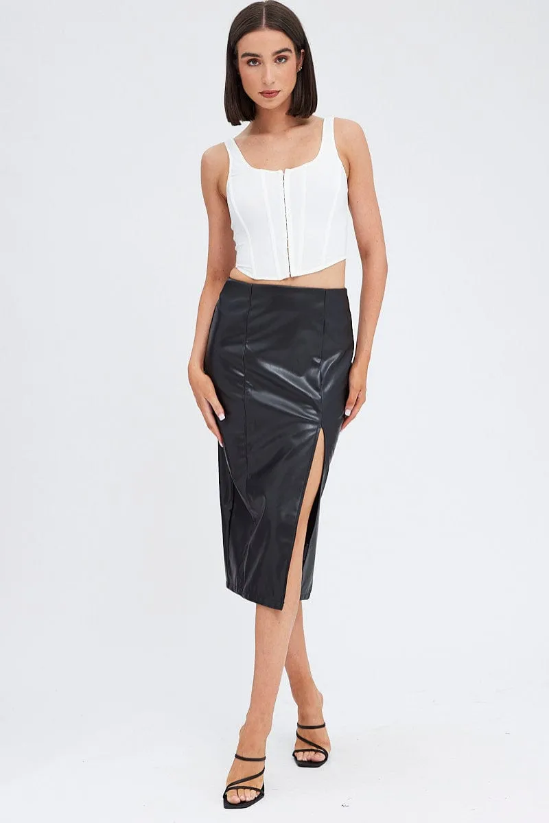 Black leather skirt front split best sale