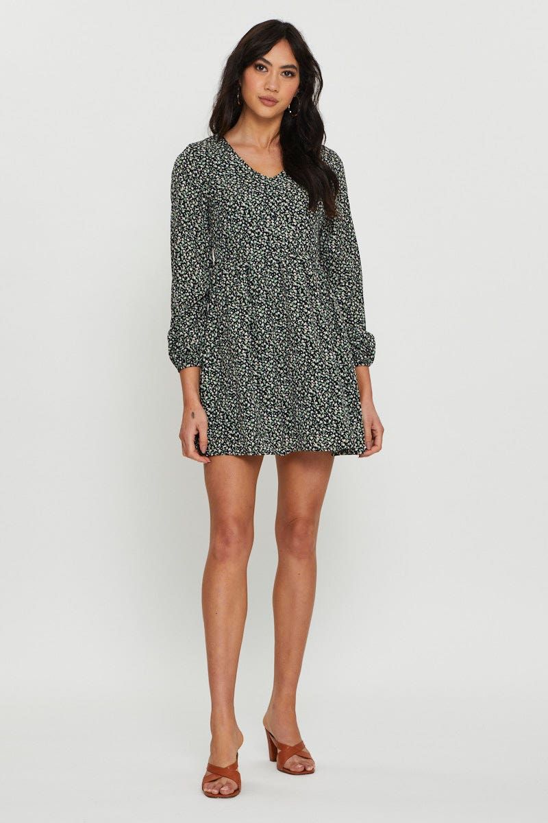 Print Mini Dress Long Sleeve V Neck sold by Ally Fashion product image thumbnail 2