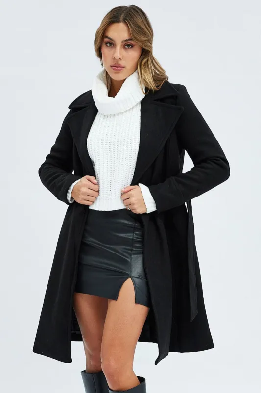 Black Tie Front Coat Knee Length sold by Ally Fashion