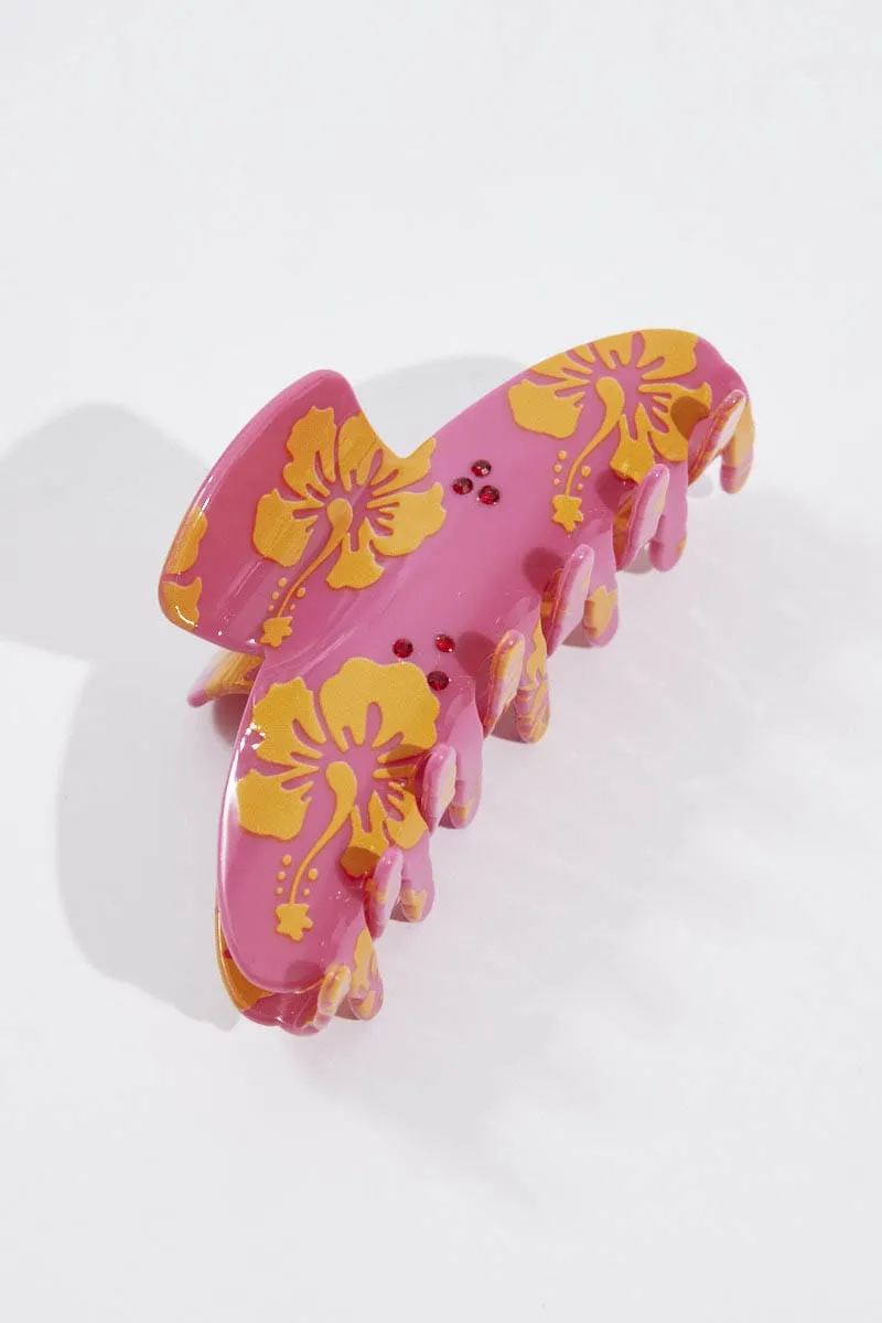 Pink Floral Print Claw Clip sold by Ally Fashion
