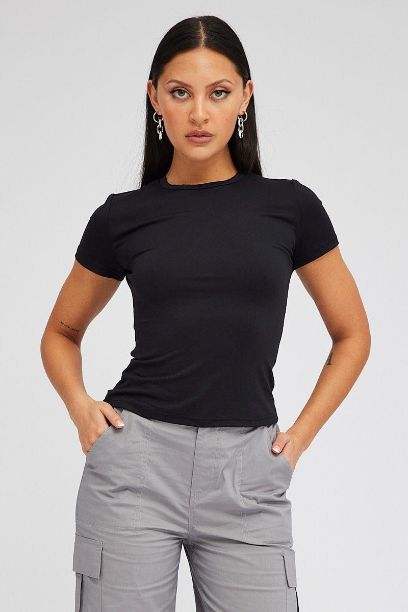 Black Supersoft Longline Top Short Sleeve sold by Ally Fashion