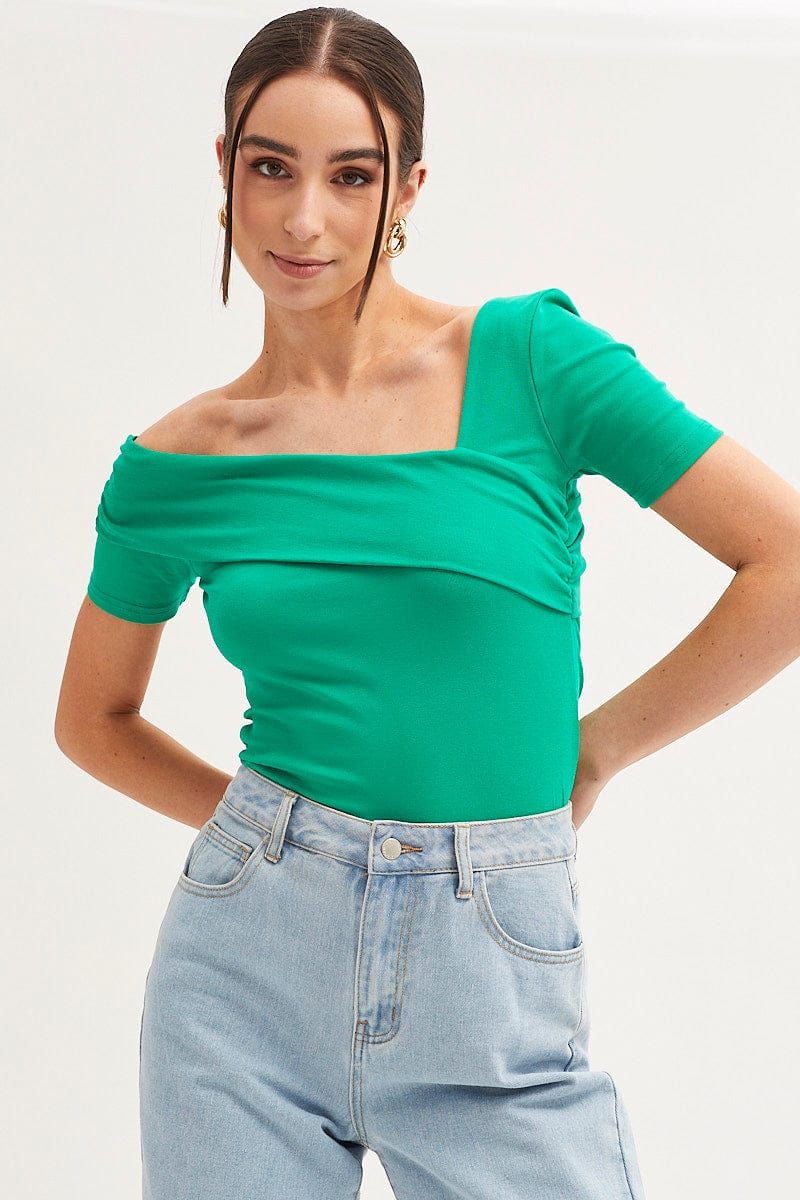 Green Top Short Sleeve Asymmetric Neckline Cotton Jersey sold by Ally Fashion product image thumbnail 3