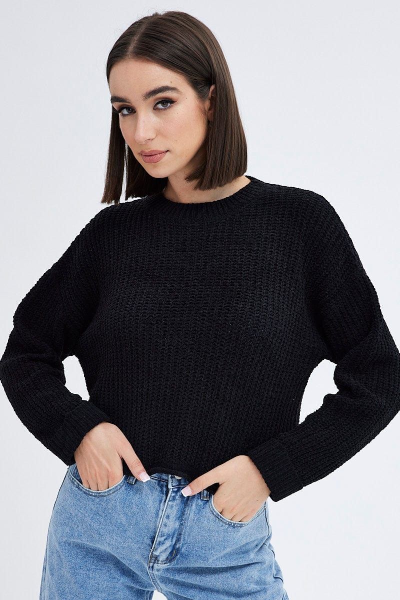Black Knit Jumper Round Neck Chenille sold by Ally Fashion