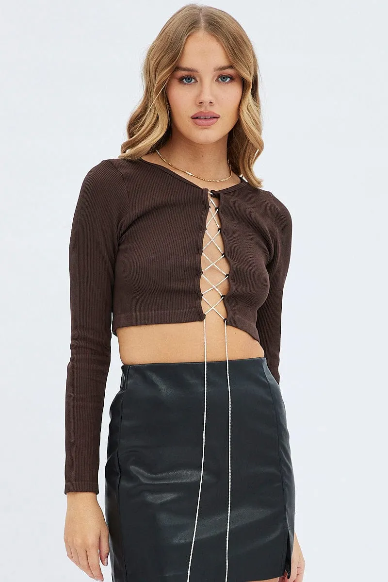 Brown Top Crop Round Neck Diamante Seamless sold by Ally Fashion product image thumbnail 3
