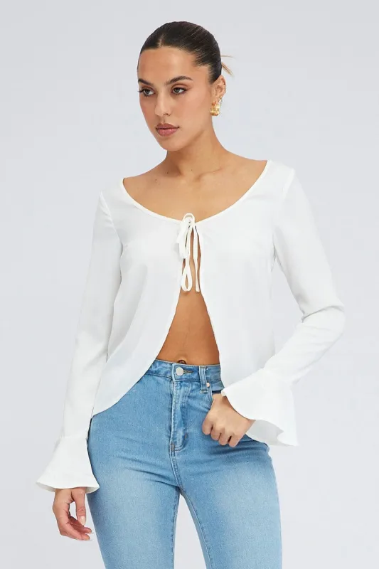 White Tie Front Top Long Sleeve Scoop Neck Satin sold by Ally Fashion