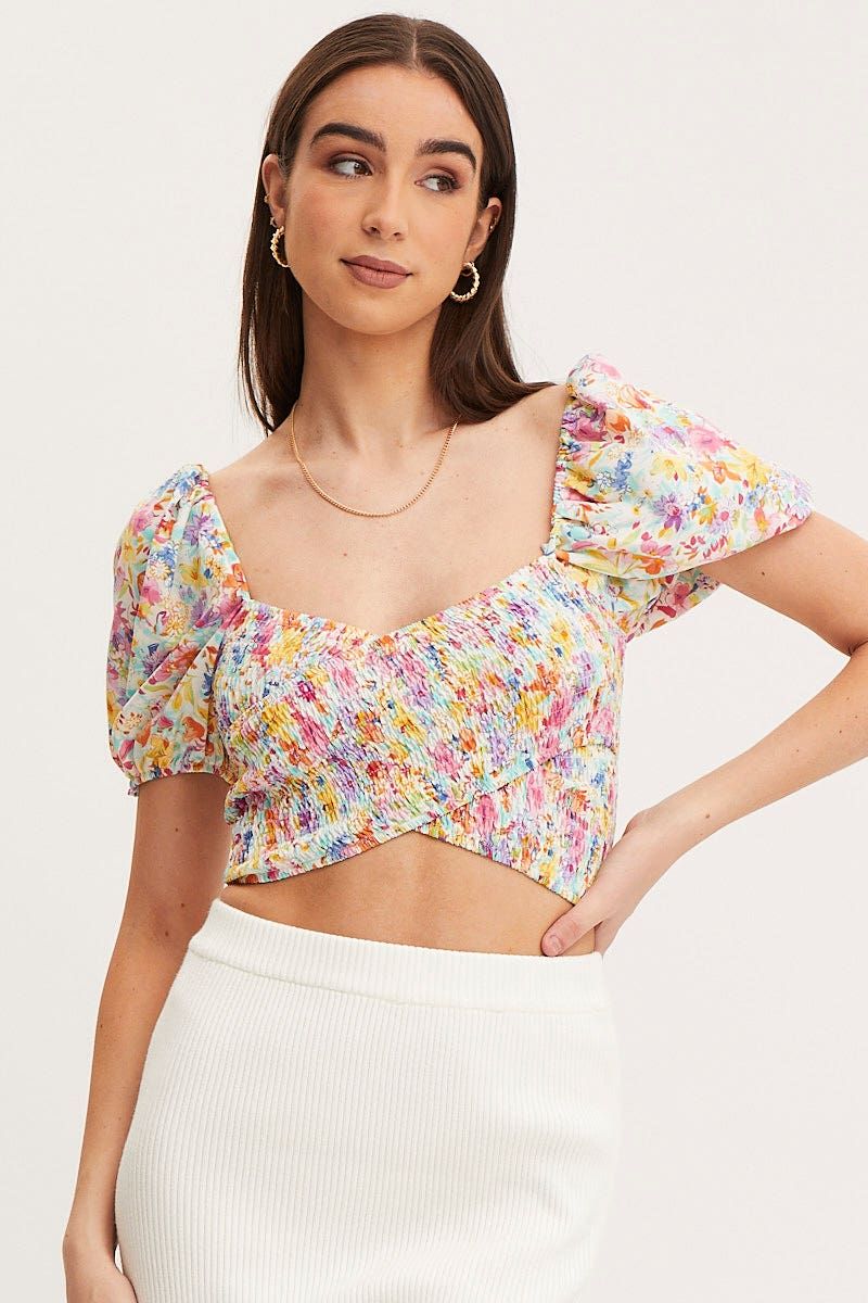 Print Puff Sleeve Top Short Sleeve Crop sold by Ally Fashion