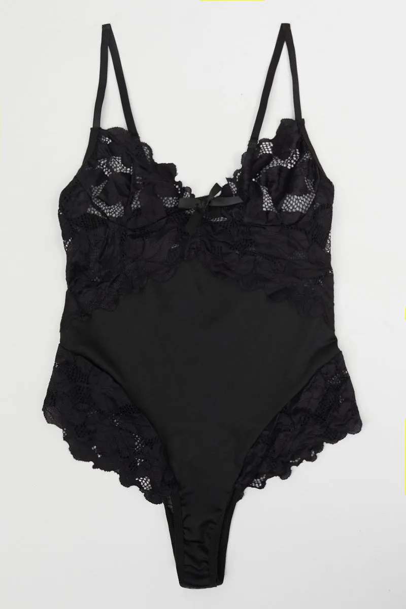 Black Lace Contrast Bodysuit Lingerie sold by Ally Fashion