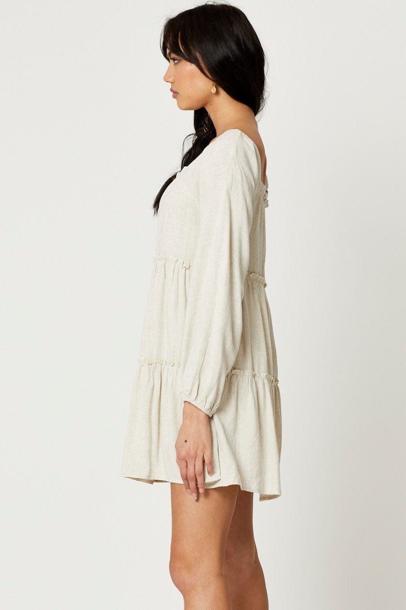 Beige Mini Dress Long Sleeve Square Neck sold by Ally Fashion product image thumbnail 3
