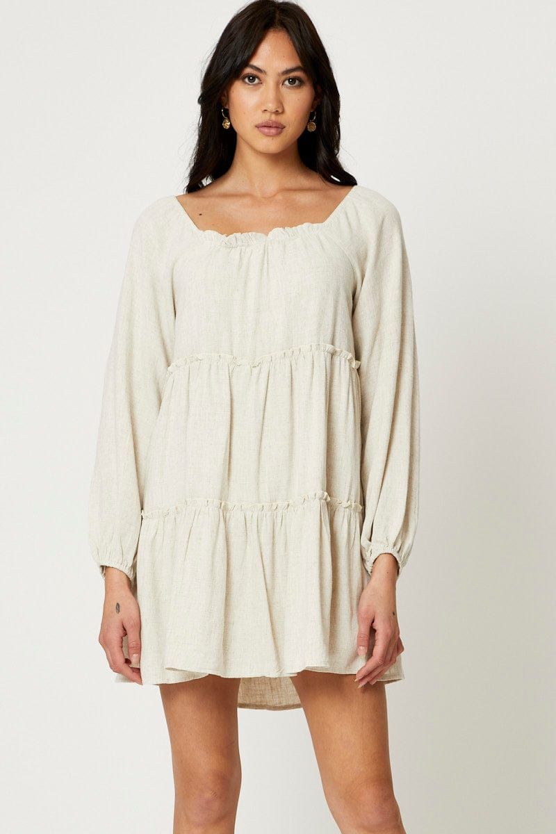 Beige Mini Dress Long Sleeve Square Neck sold by Ally Fashion
