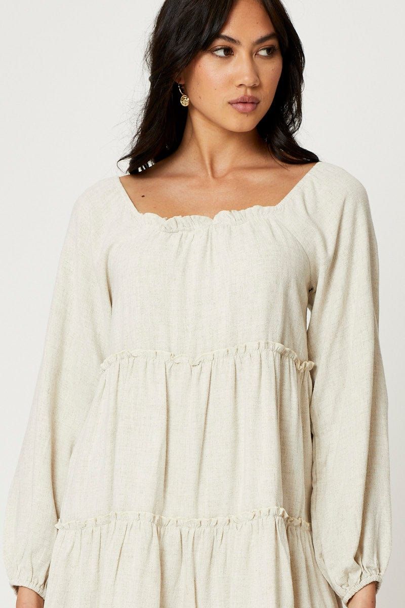 Beige Mini Dress Long Sleeve Square Neck sold by Ally Fashion product image thumbnail 5