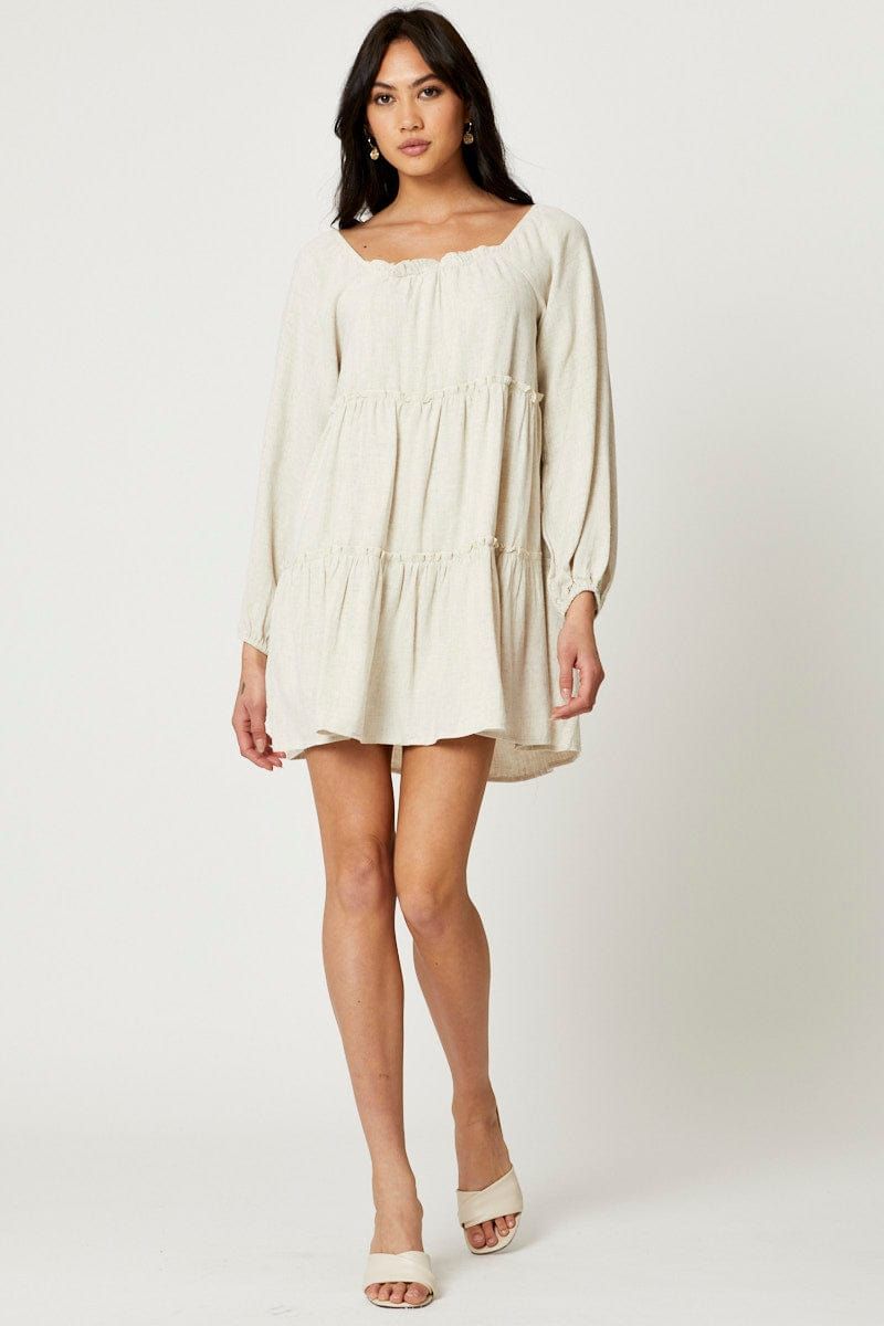 Beige Mini Dress Long Sleeve Square Neck sold by Ally Fashion product image thumbnail 2