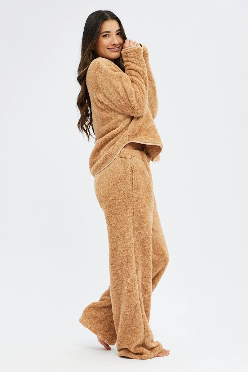 Camel Fluffy PJ Fleece Cosy Pyjama Set sold by Ally Fashion product image thumbnail 4