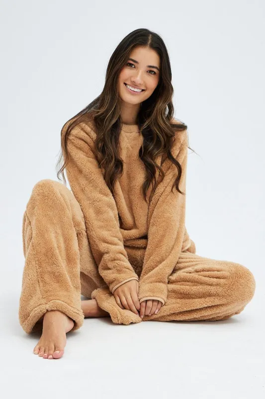 Camel Fluffy PJ Fleece Cosy Pyjama Set sold by Ally Fashion