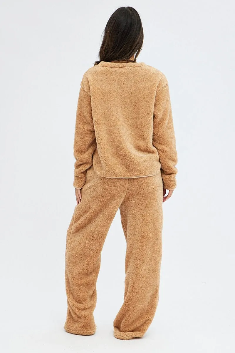 Camel Fluffy PJ Fleece Cosy Pyjama Set sold by Ally Fashion product image thumbnail 5