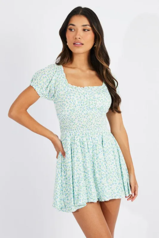 Blue Ditsy Shirred Playsuit Short Sleeve sold by Ally Fashion