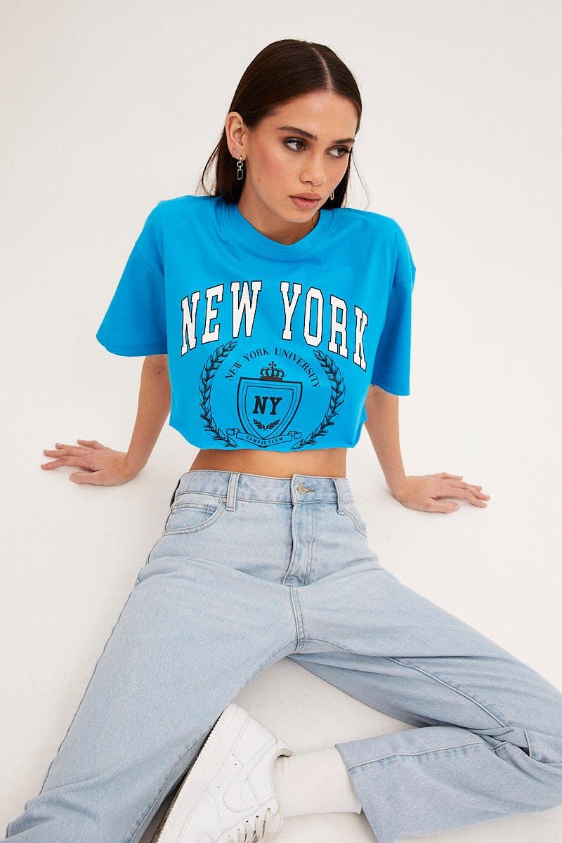 Blue Crop T Shirt Short Sleeve Crew Neck New York sold by Ally Fashion