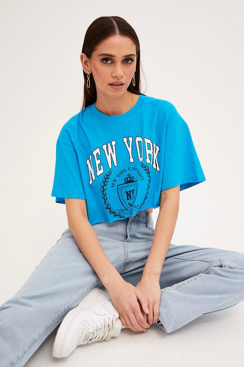 Blue Crop T Shirt Short Sleeve Crew Neck New York sold by Ally Fashion product image thumbnail 3