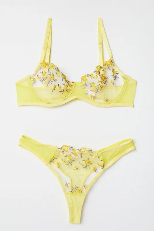 Yellow Floral Embroidery Lingerie Set sold by Ally Fashion